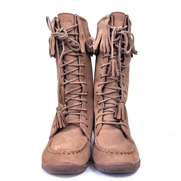 LL Bean tall suede tan moccasin boots shearling lined lace up w fringe. Sz 7.5 - Picture 7 of 14